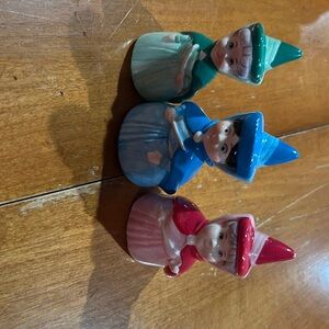 Vintage Disney Sleeping Beauty Porcelain Fairy Godmothers Flora Fauna Ornaments